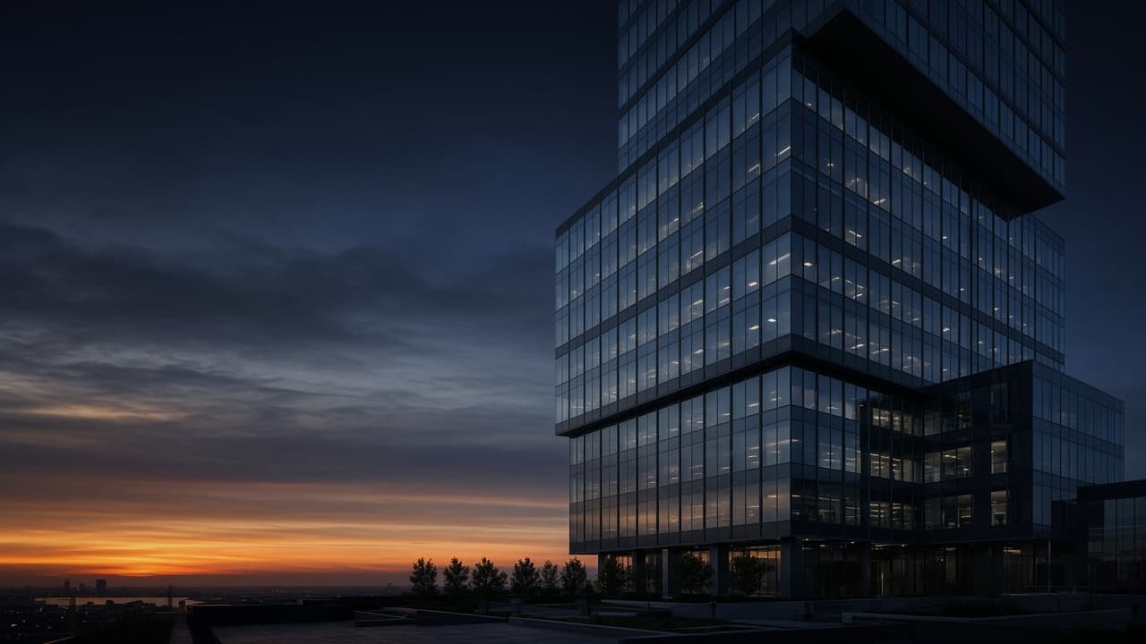 Daimon International headquarters tower at dusk